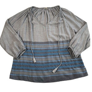 Dylan Tunic Top Womens X-Large Blue/Gray Stripe V-Neck Long Sleeve Boho Tassel
